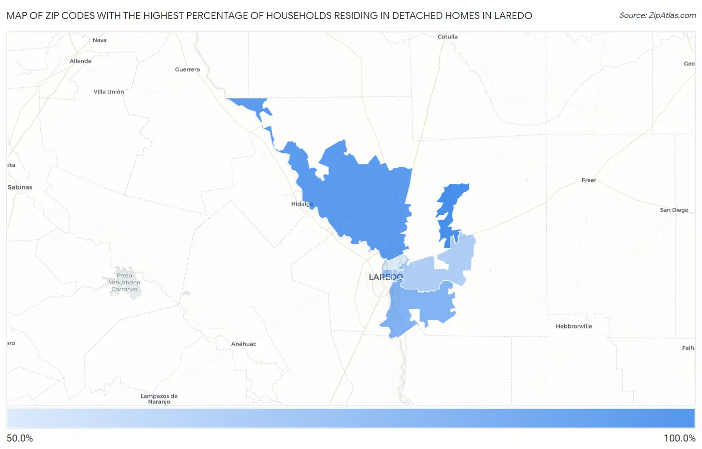 Zip Codes with the Highest Percentage of Households Residing in Detached Homes in Laredo Map