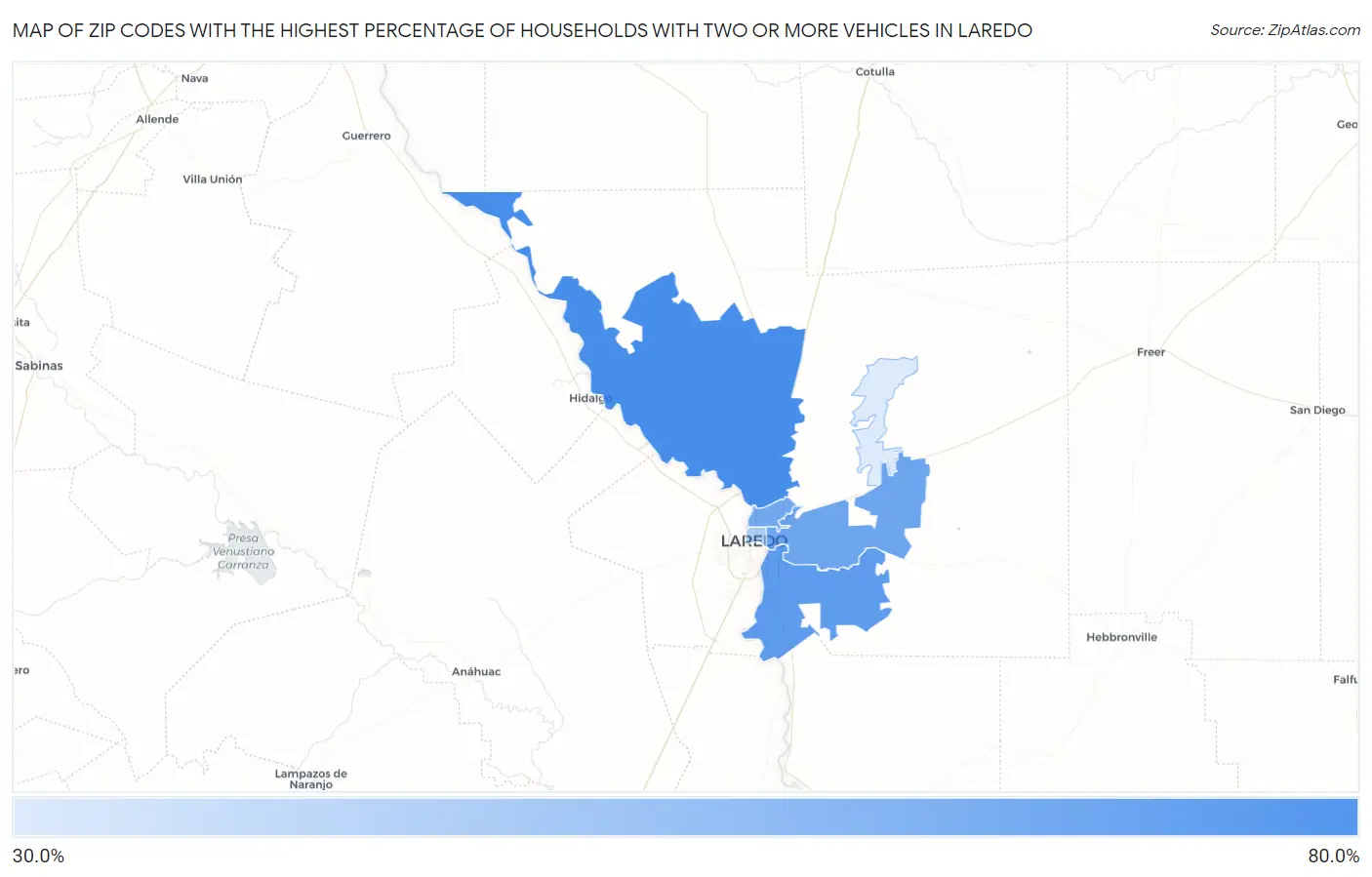 Zip Codes with the Highest Percentage of Households With Two or more Vehicles in Laredo Map