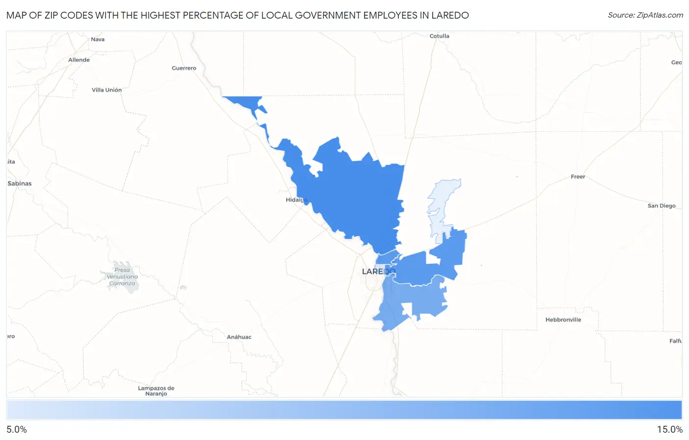 Zip Codes with the Highest Percentage of Local Government Employees in Laredo Map