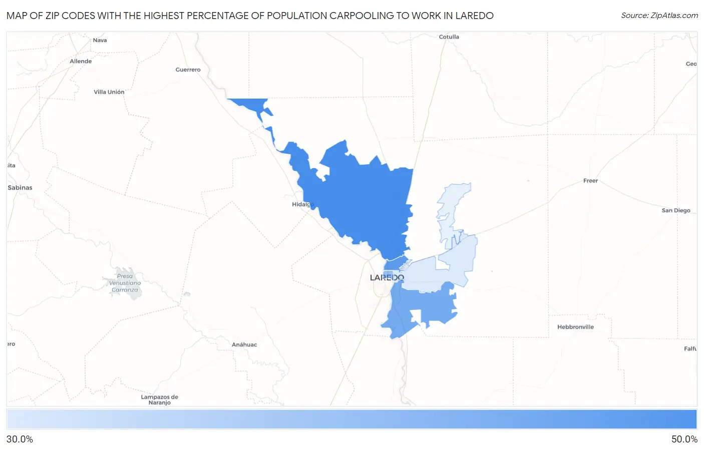 Zip Codes with the Highest Percentage of Population Carpooling to Work in Laredo Map