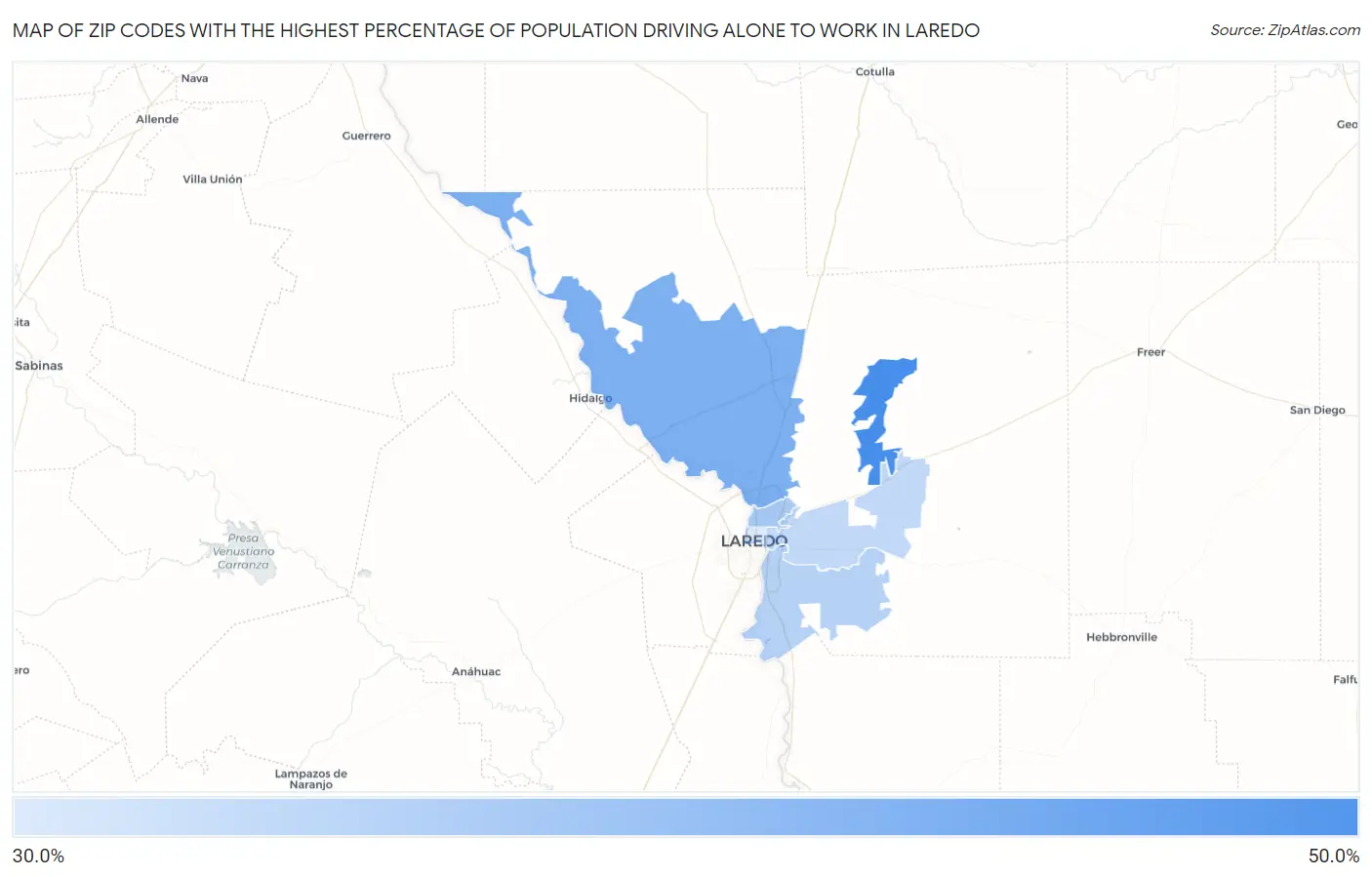 Zip Codes with the Highest Percentage of Population Driving Alone to Work in Laredo Map