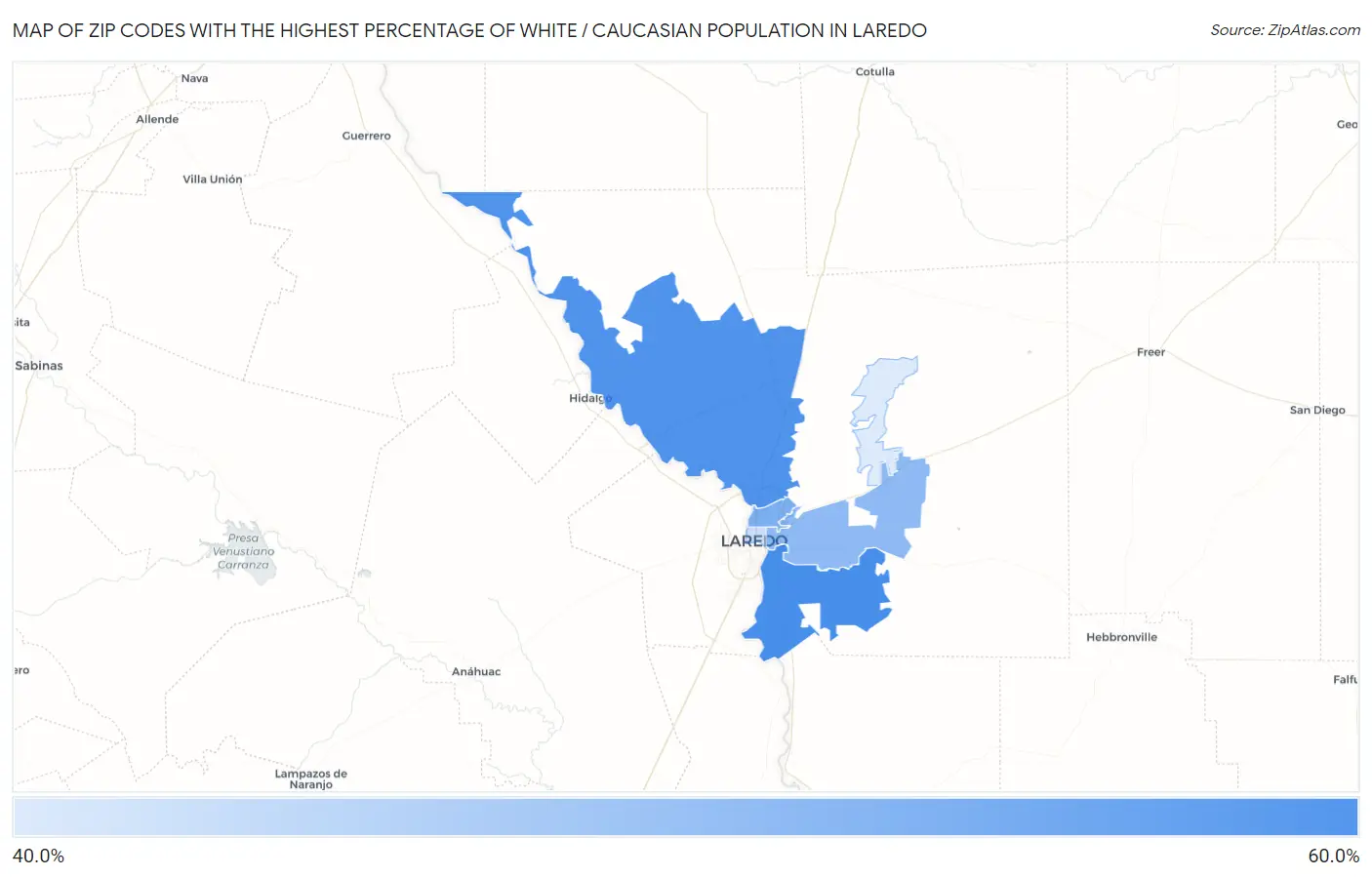 Zip Codes with the Highest Percentage of White / Caucasian Population in Laredo Map