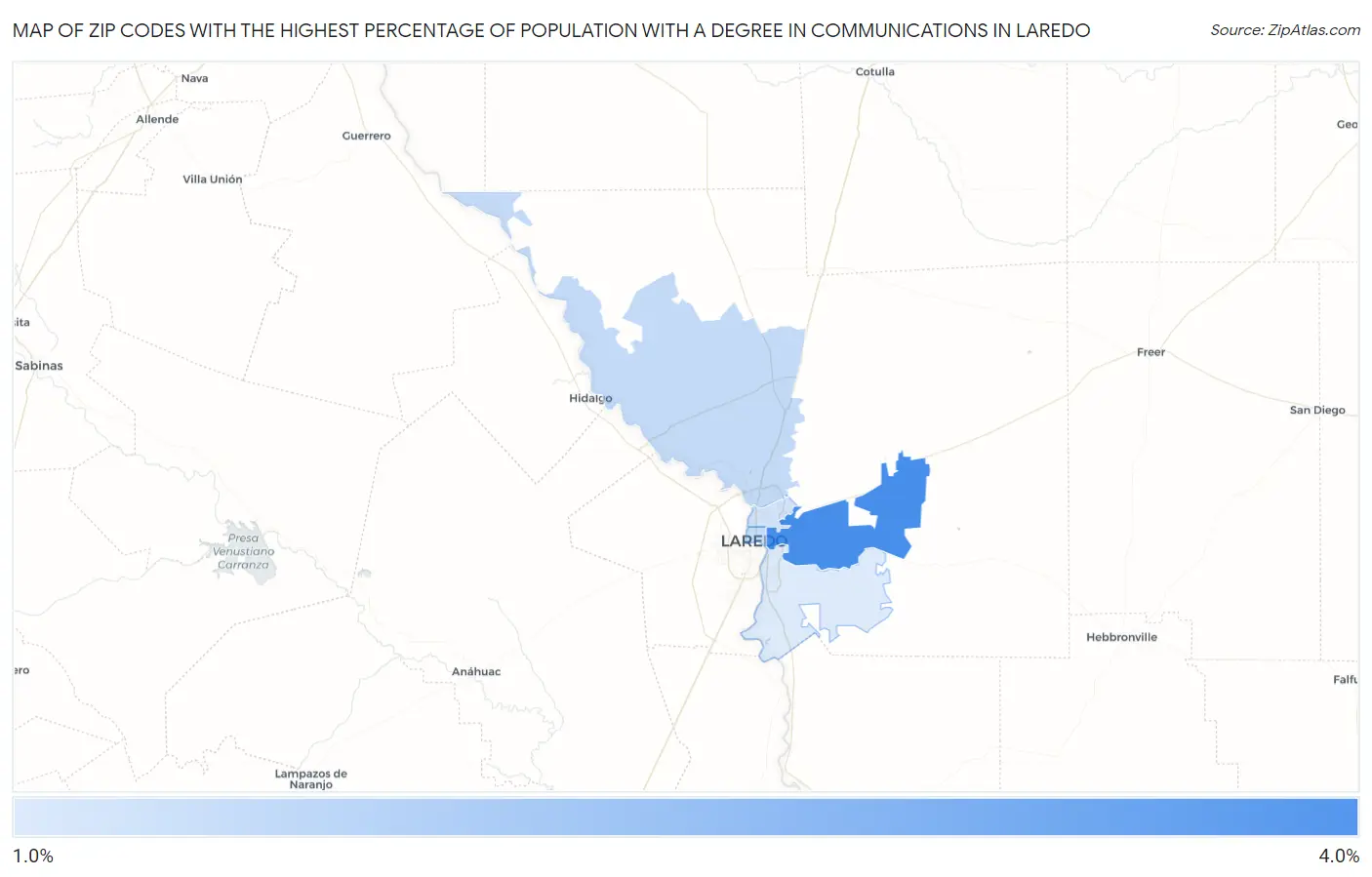 Zip Codes with the Highest Percentage of Population with a Degree in Communications in Laredo Map