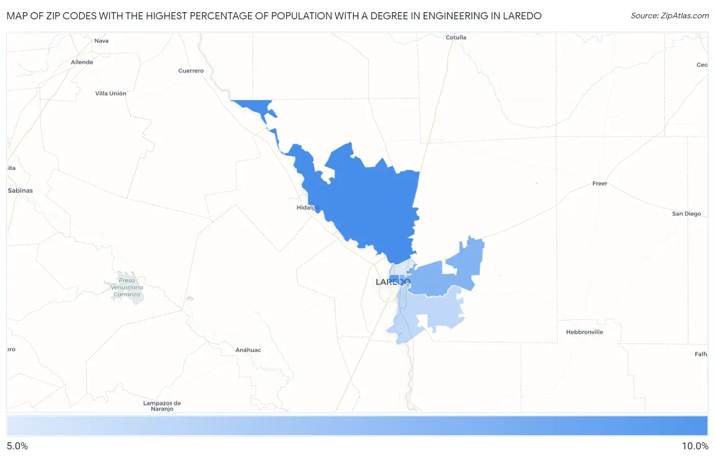 Zip Codes with the Highest Percentage of Population with a Degree in Engineering in Laredo Map