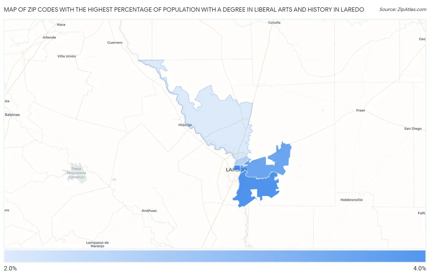 Zip Codes with the Highest Percentage of Population with a Degree in Liberal Arts and History in Laredo Map