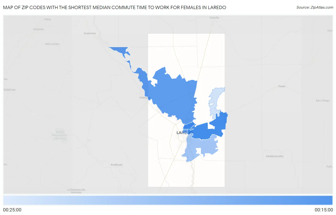 Zip Codes with the Shortest Median Commute Time to Work for Females in Laredo Map