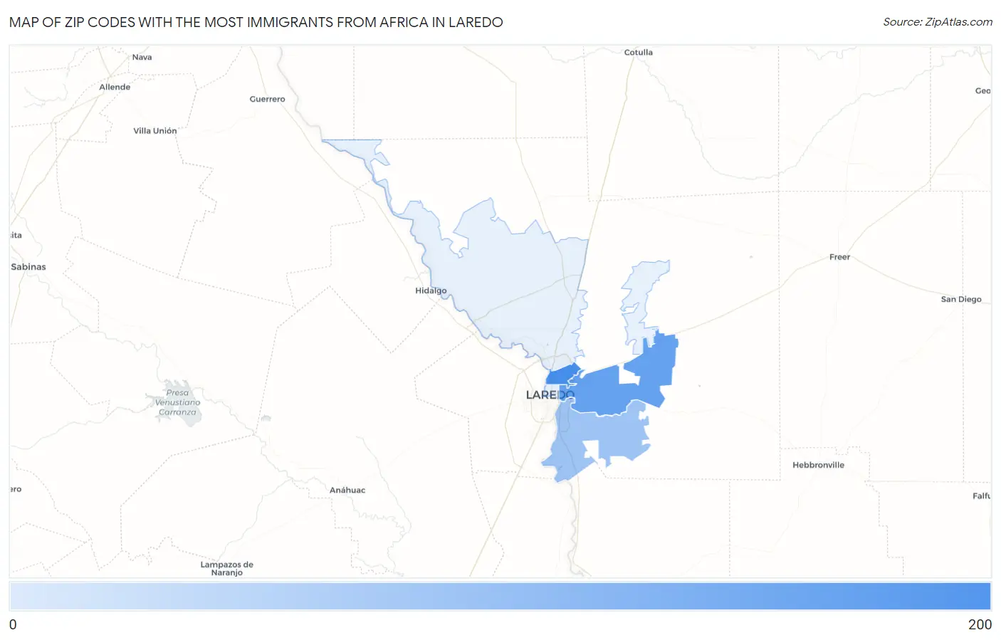 Zip Codes with the Most Immigrants from Africa in Laredo Map