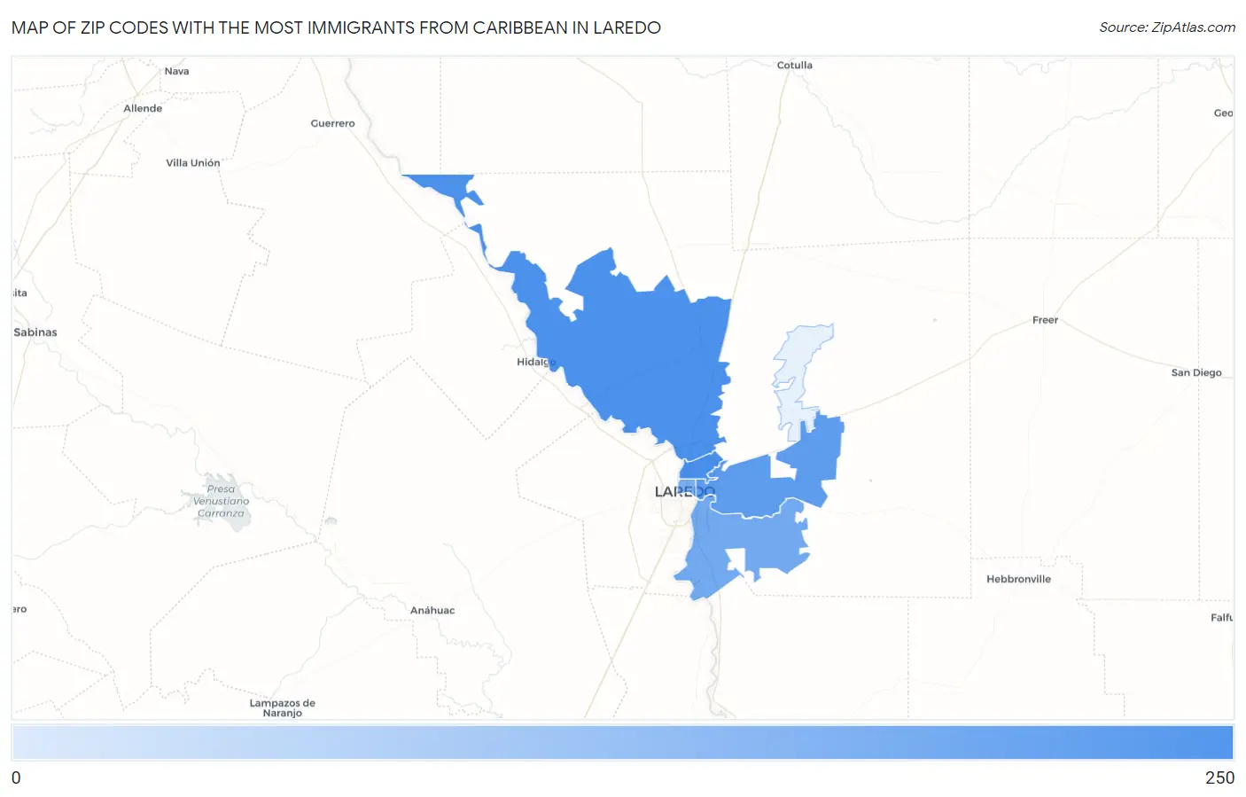 Zip Codes with the Most Immigrants from Caribbean in Laredo Map