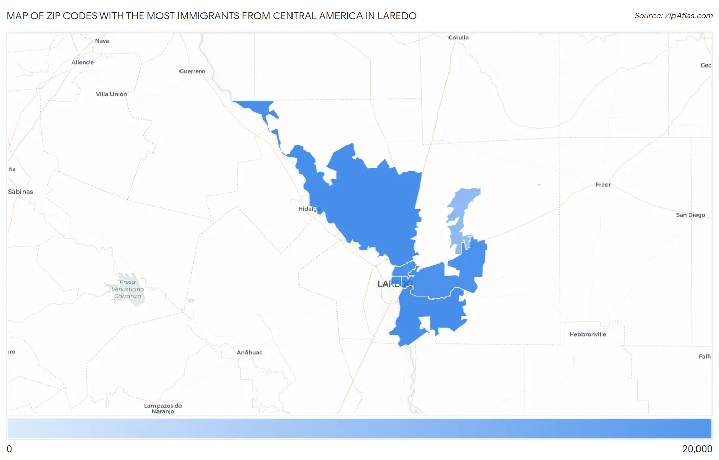 Zip Codes with the Most Immigrants from Central America in Laredo Map