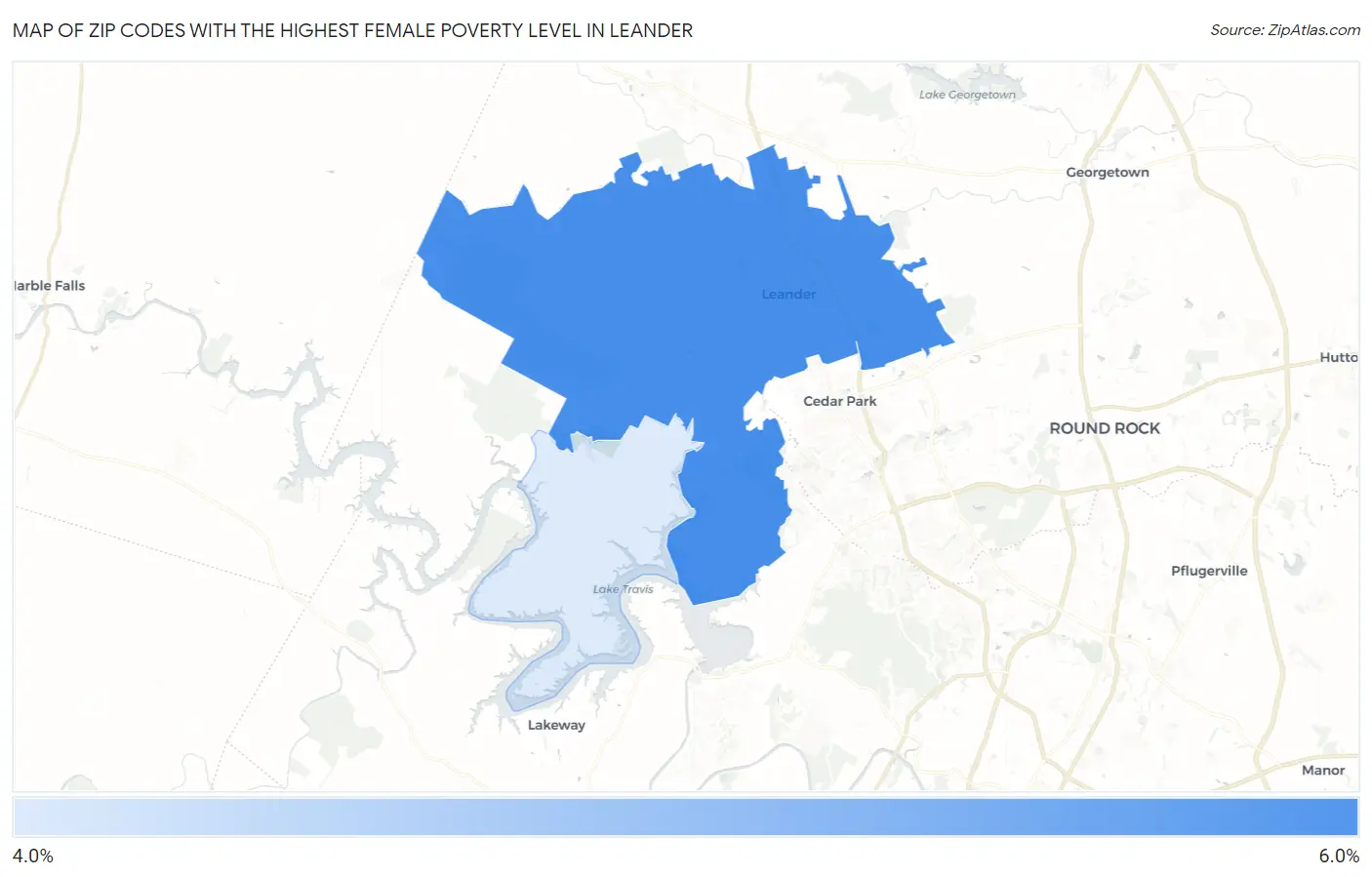 Zip Codes with the Highest Female Poverty Level in Leander Map