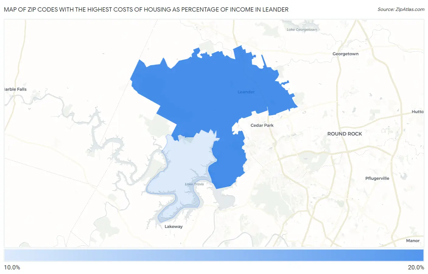 Zip Codes with the Highest Costs of Housing as Percentage of Income in Leander Map