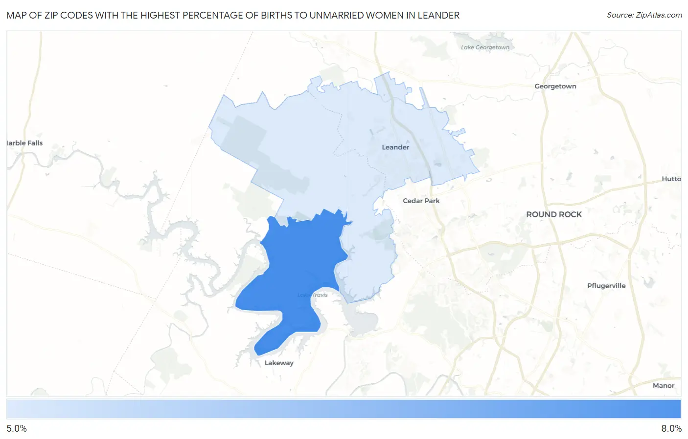 Zip Codes with the Highest Percentage of Births to Unmarried Women in Leander Map