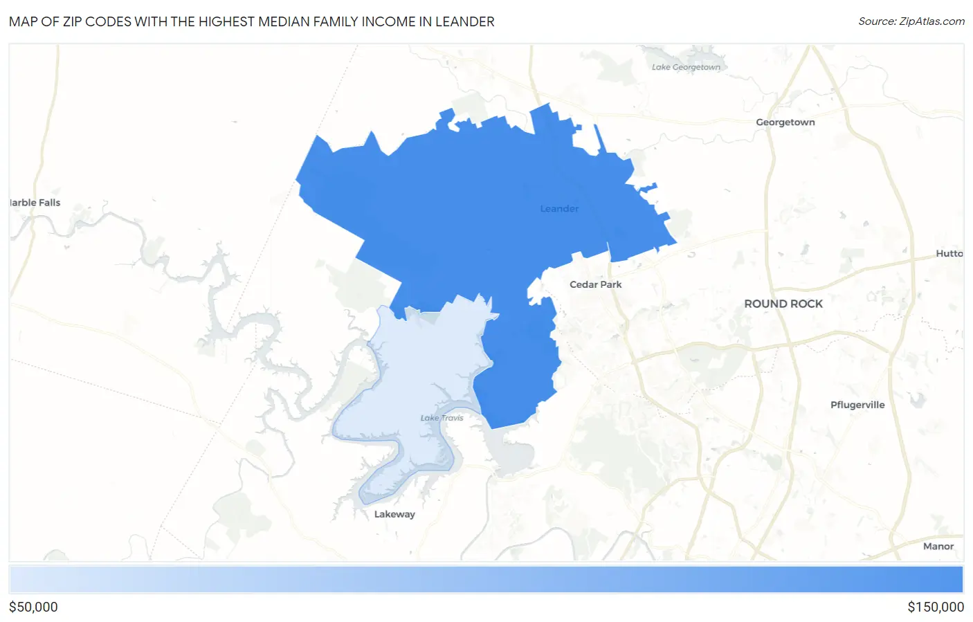 Zip Codes with the Highest Median Family Income in Leander Map