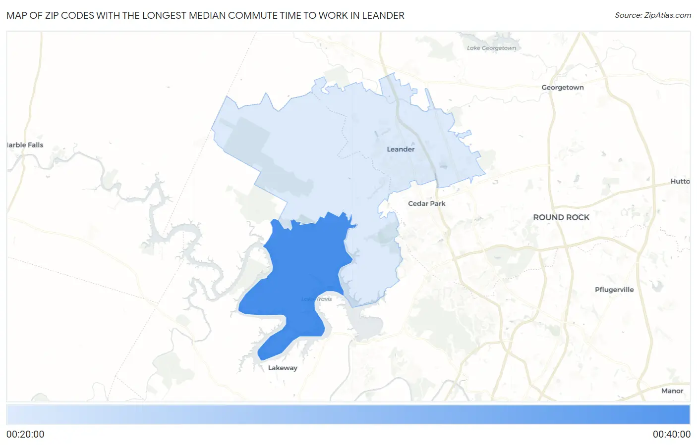 Zip Codes with the Longest Median Commute Time to Work in Leander Map