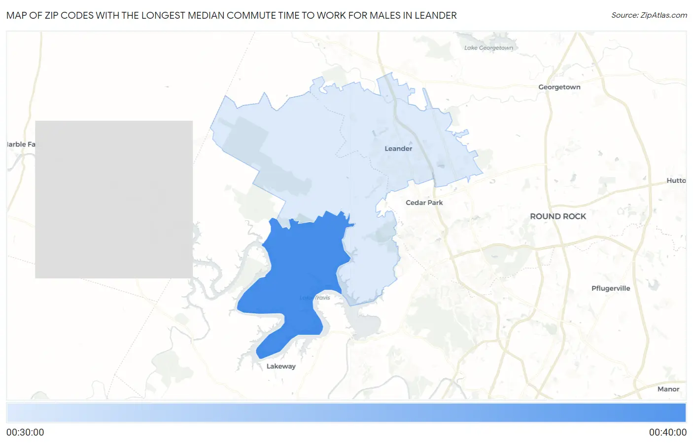 Zip Codes with the Longest Median Commute Time to Work for Males in Leander Map