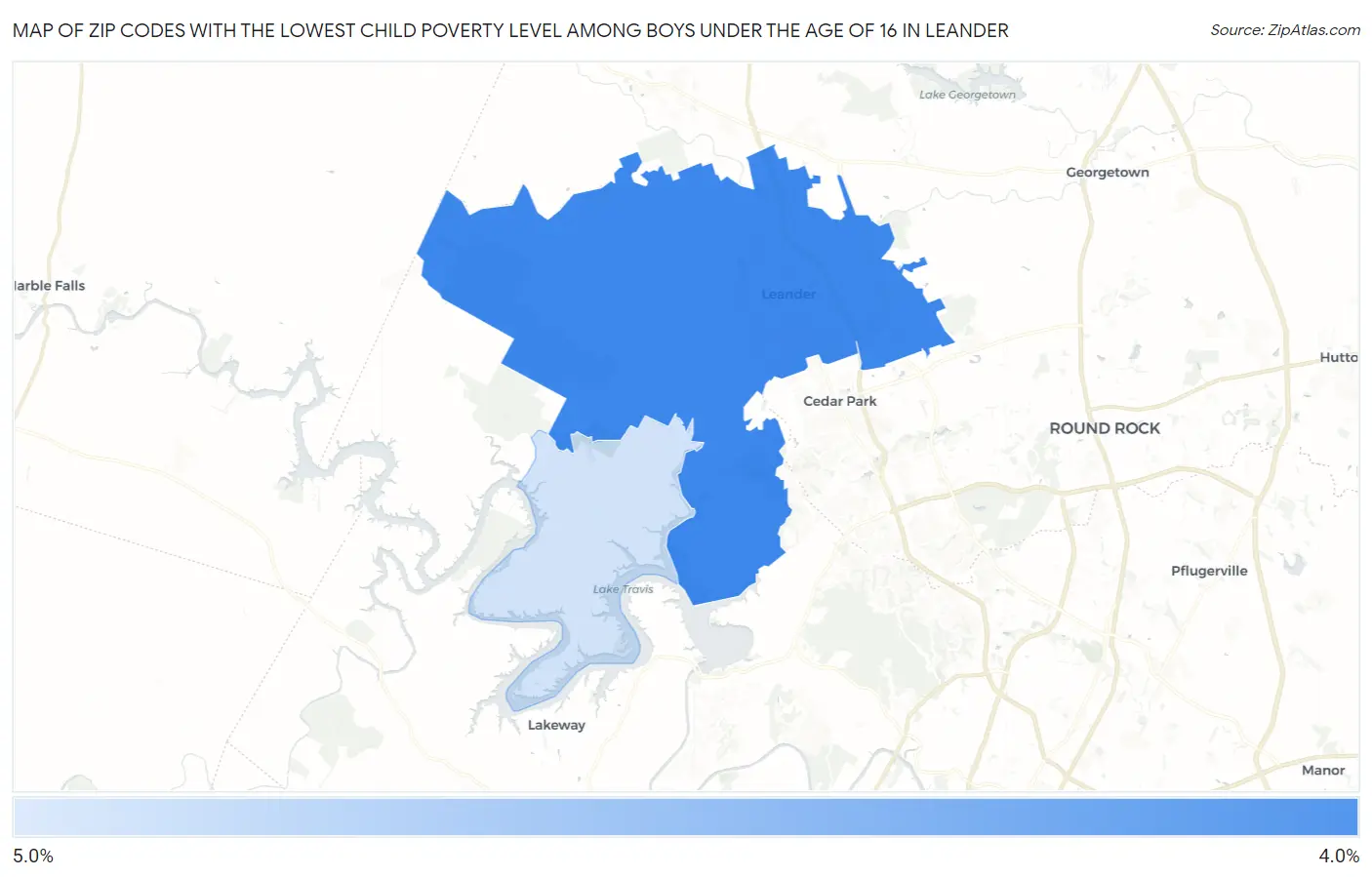 Zip Codes with the Lowest Child Poverty Level Among Boys Under the Age of 16 in Leander Map