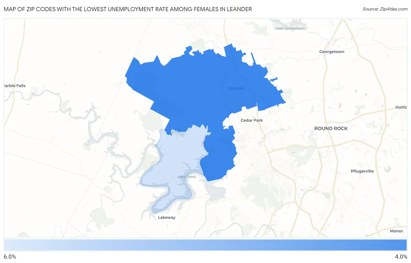 Zip Codes with the Lowest Unemployment Rate Among Females in Leander Map