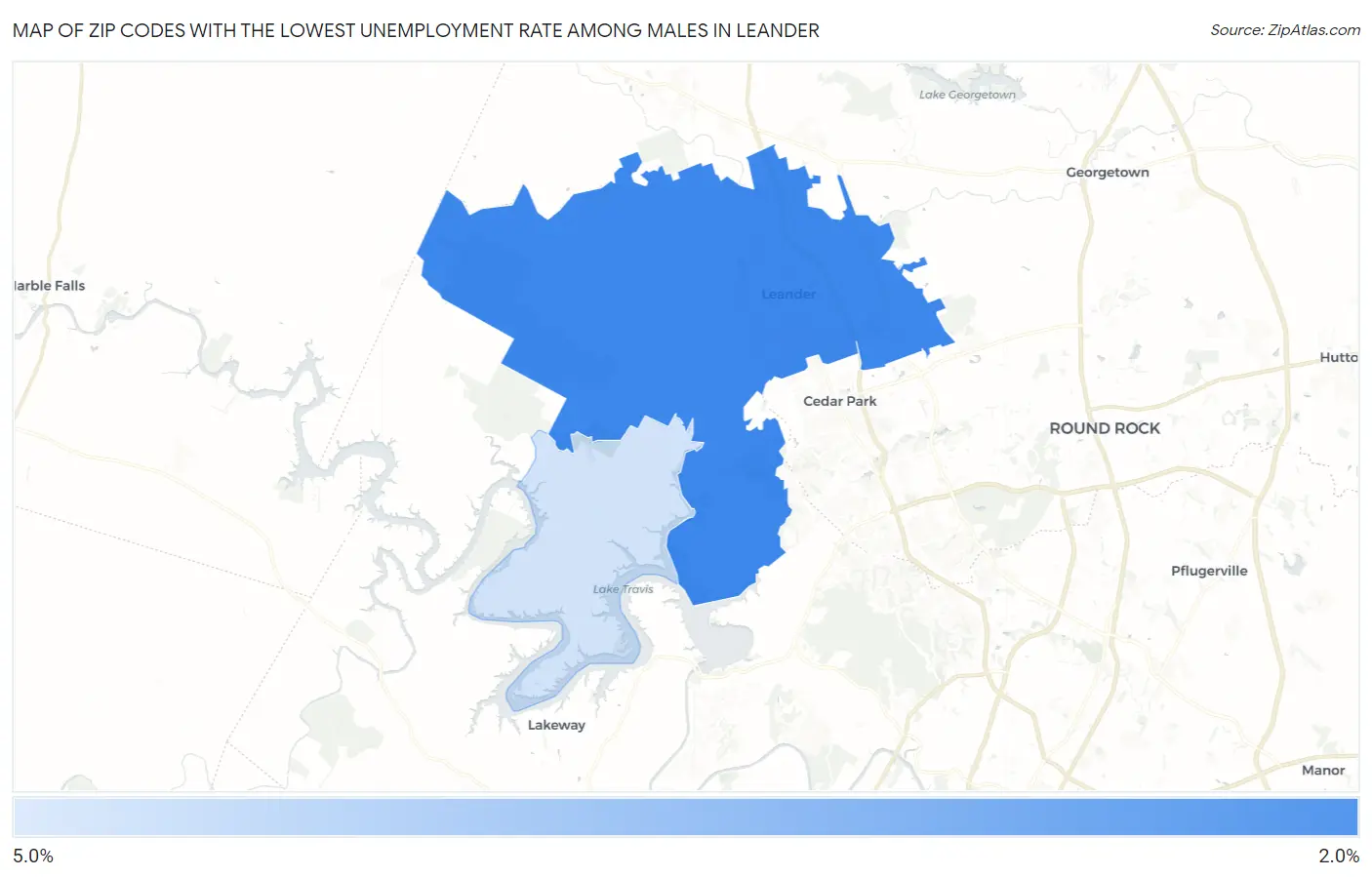 Zip Codes with the Lowest Unemployment Rate Among Males in Leander Map