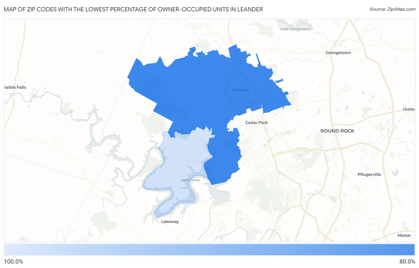 Zip Codes with the Lowest Percentage of Owner-Occupied Units in Leander Map