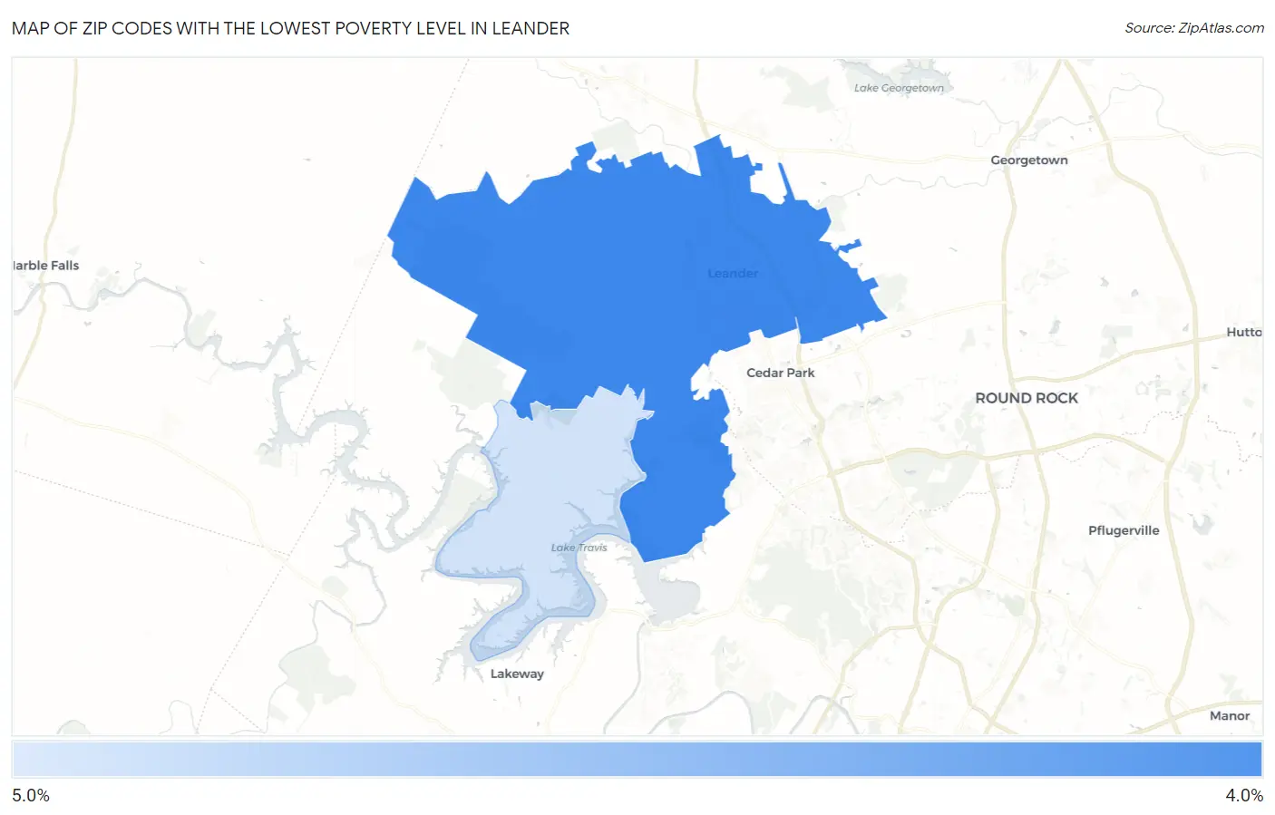 Zip Codes with the Lowest Poverty Level in Leander Map