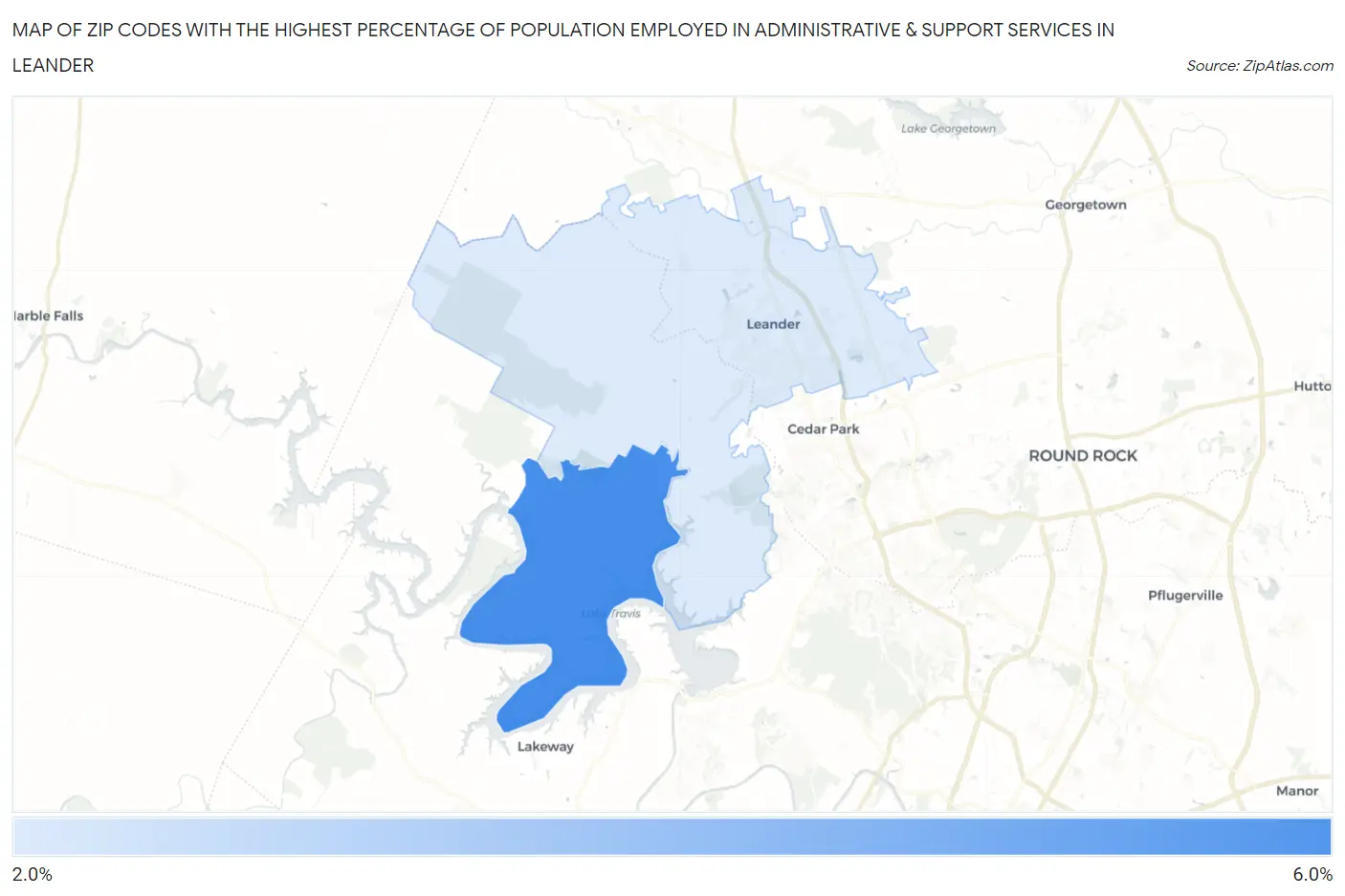 Zip Codes with the Highest Percentage of Population Employed in Administrative & Support Services in Leander Map