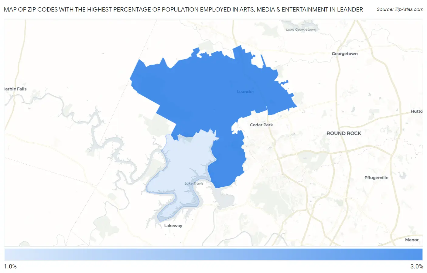 Zip Codes with the Highest Percentage of Population Employed in Arts, Media & Entertainment in Leander Map