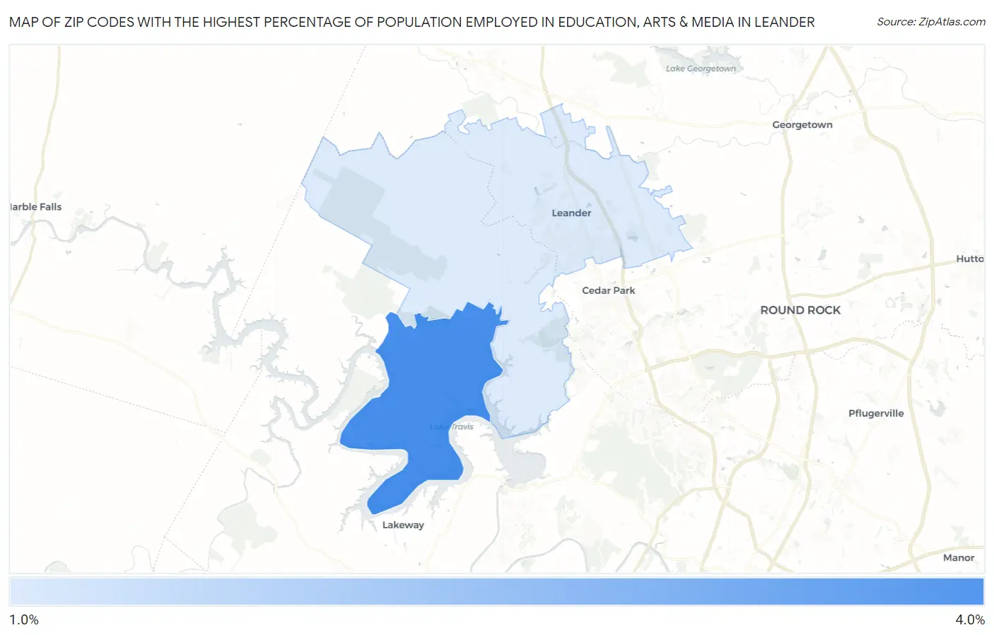 Zip Codes with the Highest Percentage of Population Employed in Education, Arts & Media in Leander Map