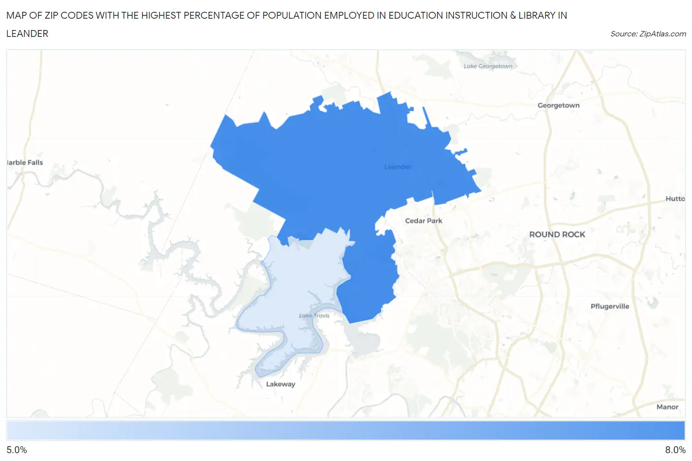 Zip Codes with the Highest Percentage of Population Employed in Education Instruction & Library in Leander Map