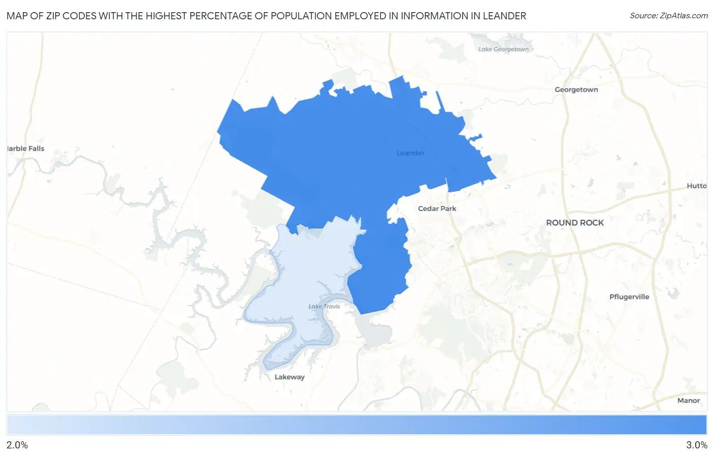 Zip Codes with the Highest Percentage of Population Employed in Information in Leander Map