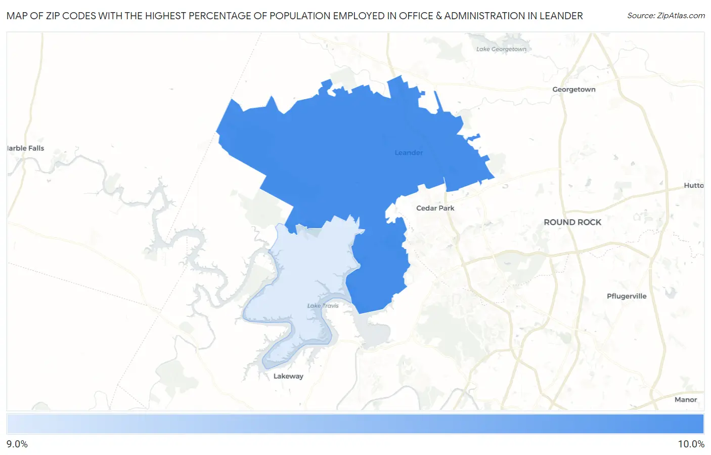 Zip Codes with the Highest Percentage of Population Employed in Office & Administration in Leander Map