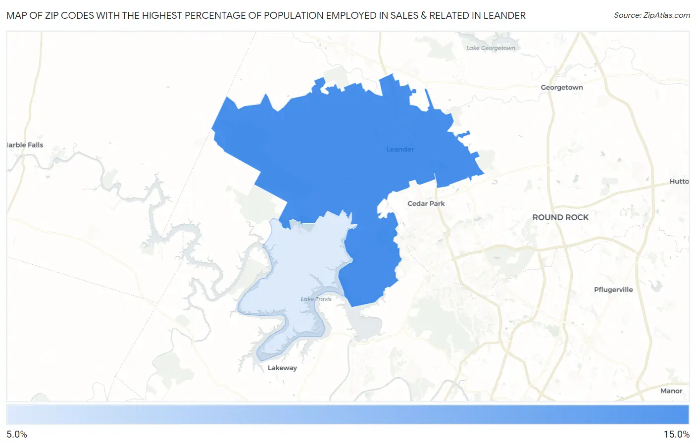 Zip Codes with the Highest Percentage of Population Employed in Sales & Related in Leander Map