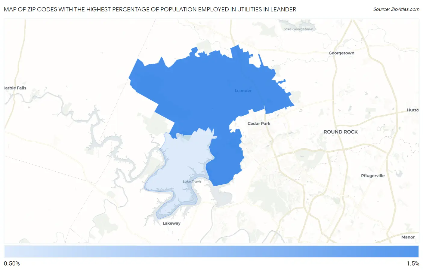 Zip Codes with the Highest Percentage of Population Employed in Utilities in Leander Map