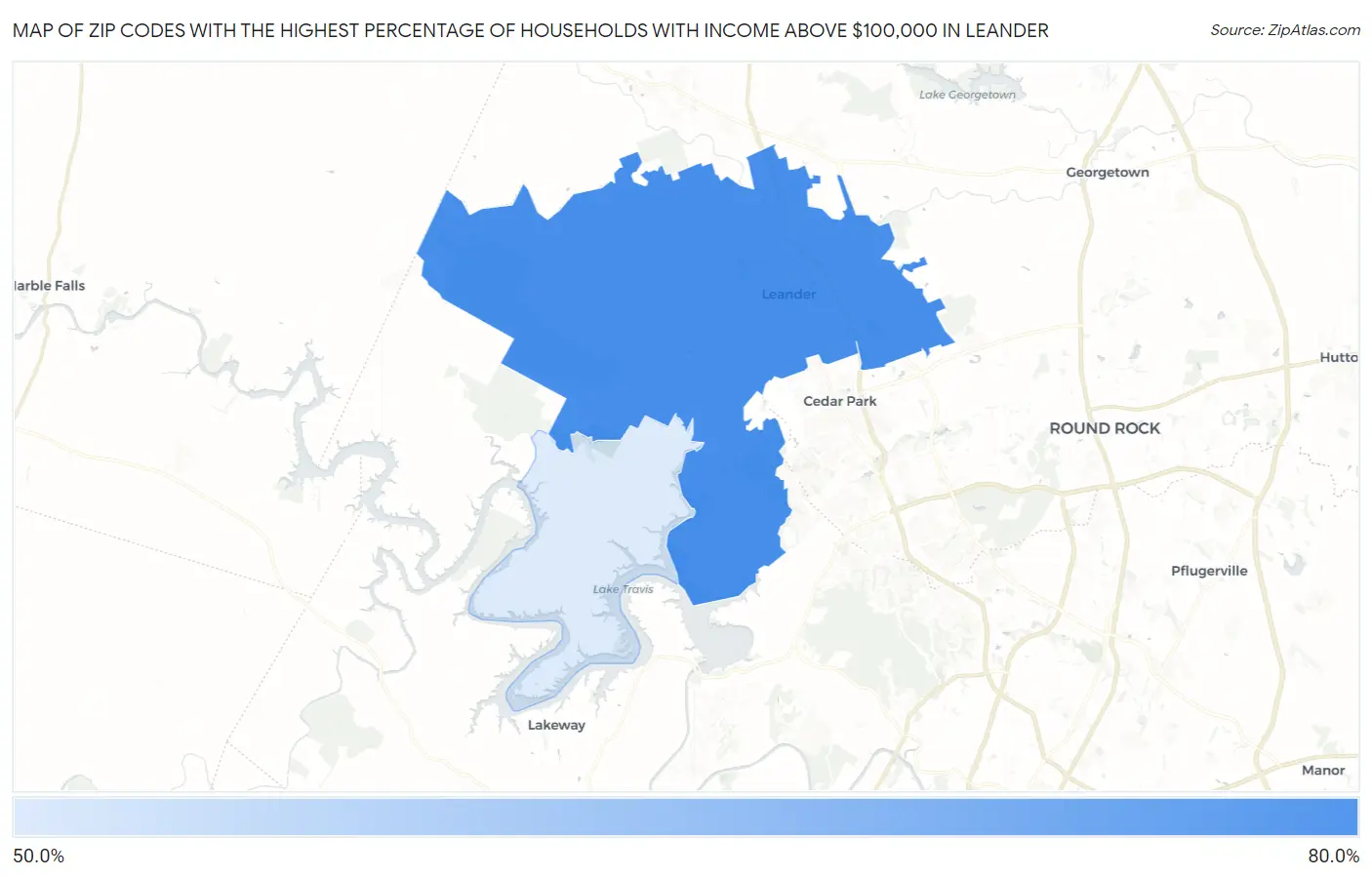 Zip Codes with the Highest Percentage of Households with Income Above $100,000 in Leander Map