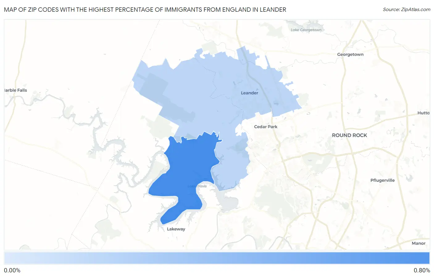 Zip Codes with the Highest Percentage of Immigrants from England in Leander Map