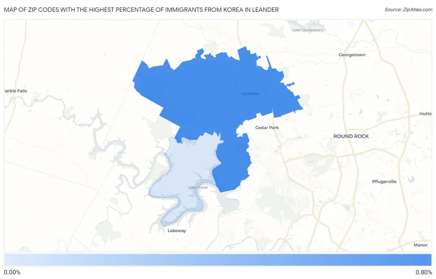 Zip Codes with the Highest Percentage of Immigrants from Korea in Leander Map