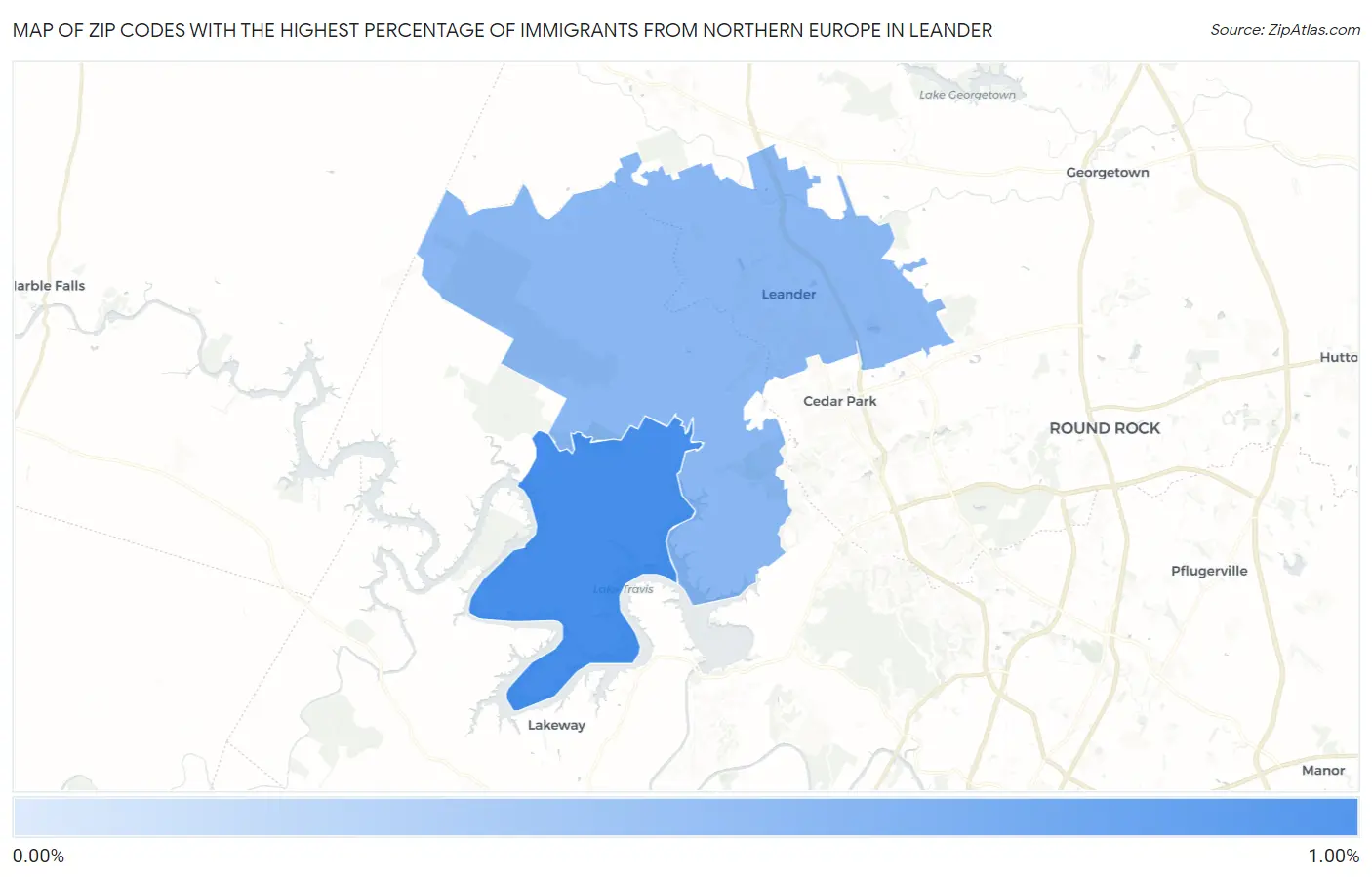 Zip Codes with the Highest Percentage of Immigrants from Northern Europe in Leander Map