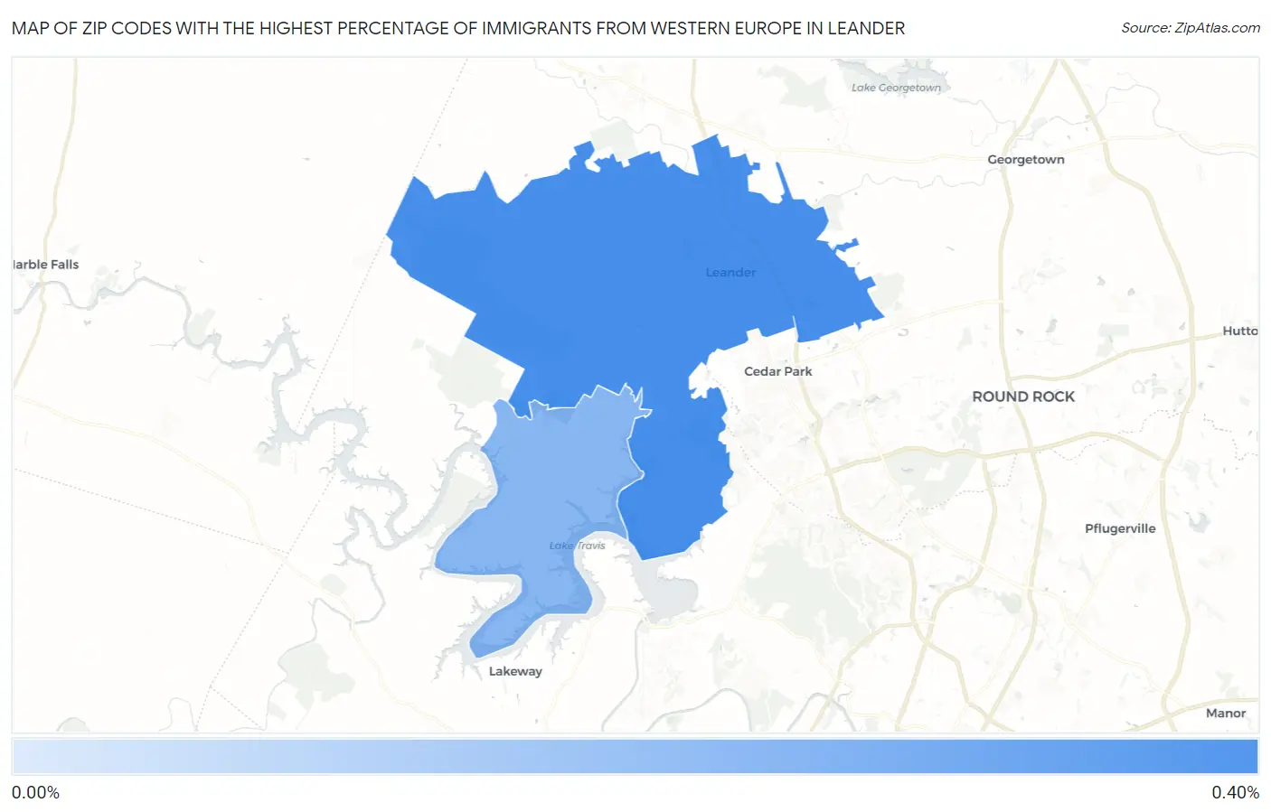 Zip Codes with the Highest Percentage of Immigrants from Western Europe in Leander Map