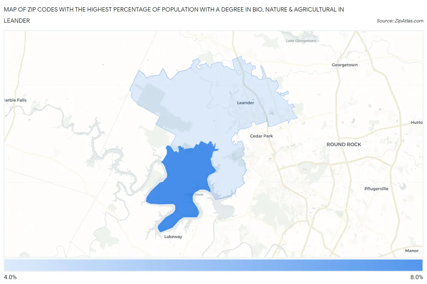 Zip Codes with the Highest Percentage of Population with a Degree in Bio, Nature & Agricultural in Leander Map