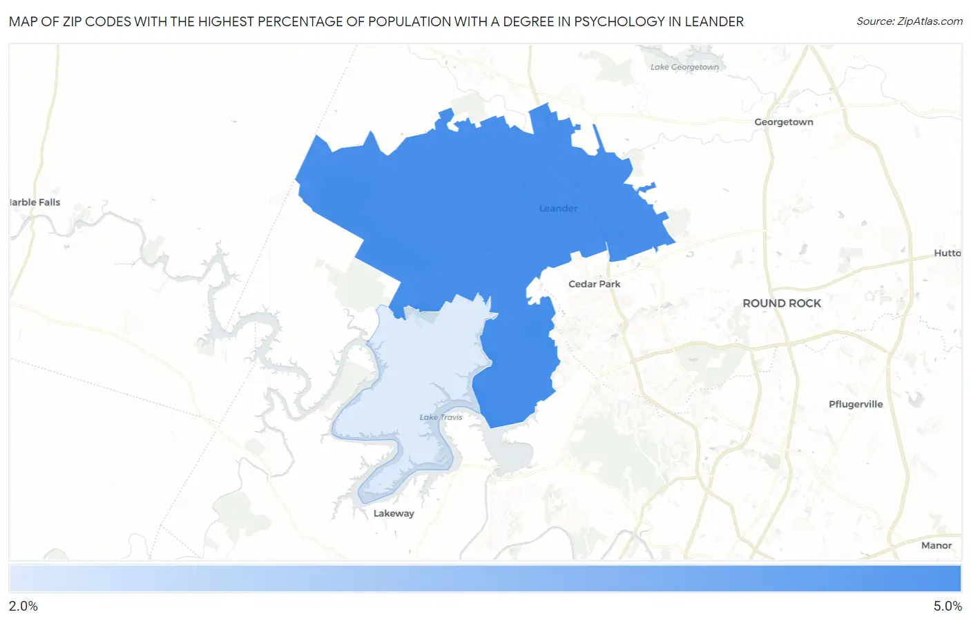 Zip Codes with the Highest Percentage of Population with a Degree in Psychology in Leander Map