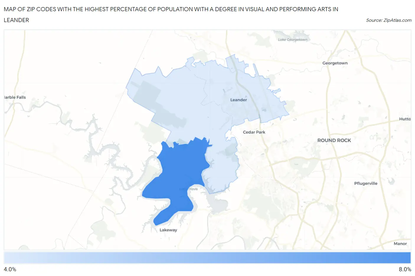 Zip Codes with the Highest Percentage of Population with a Degree in Visual and Performing Arts in Leander Map