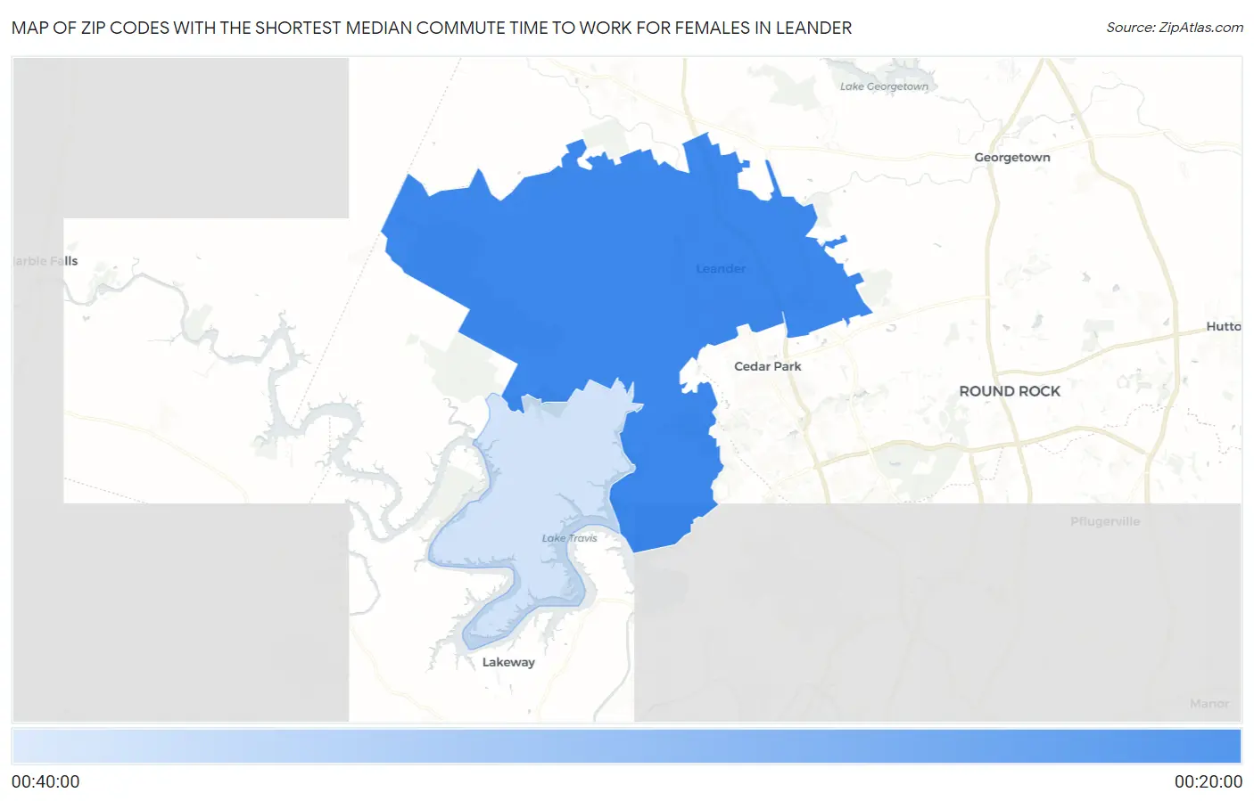 Zip Codes with the Shortest Median Commute Time to Work for Females in Leander Map