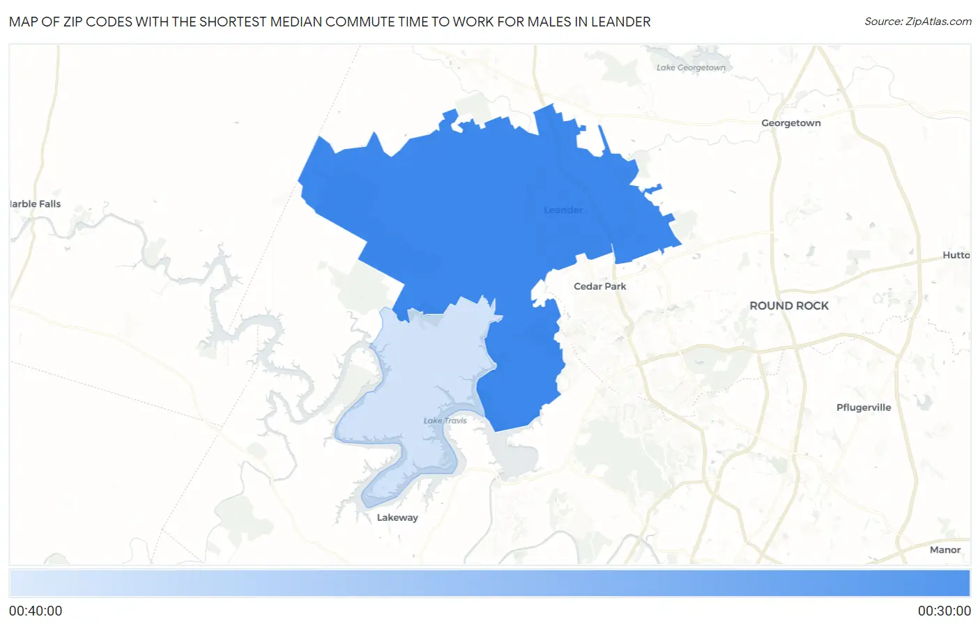 Zip Codes with the Shortest Median Commute Time to Work for Males in Leander Map
