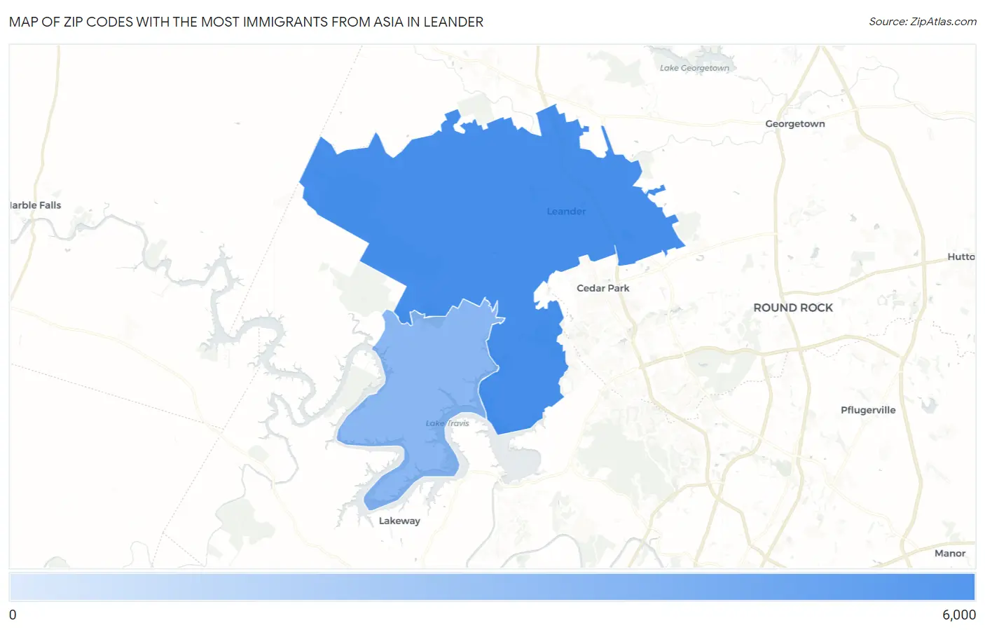 Zip Codes with the Most Immigrants from Asia in Leander Map