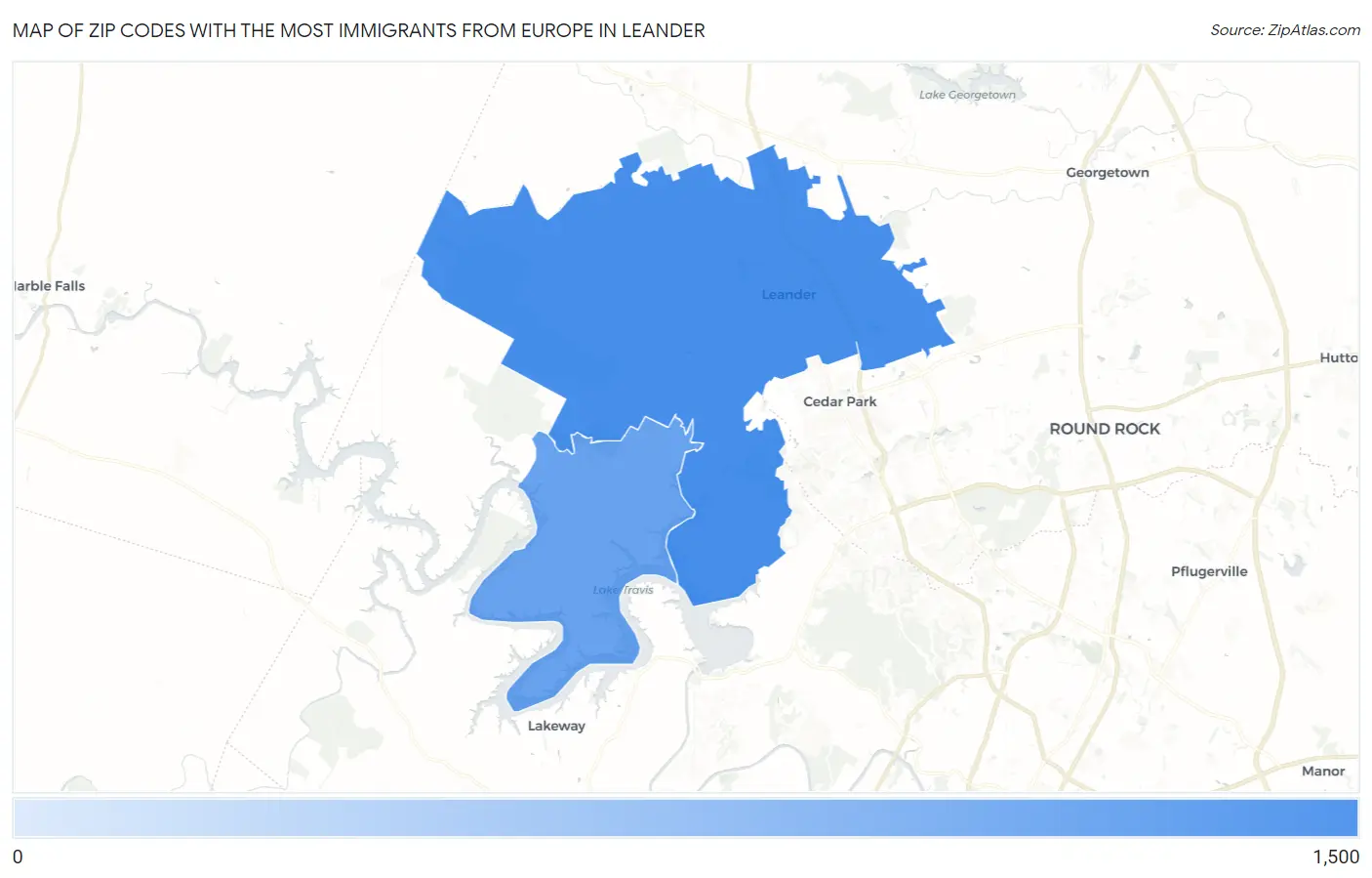 Zip Codes with the Most Immigrants from Europe in Leander Map