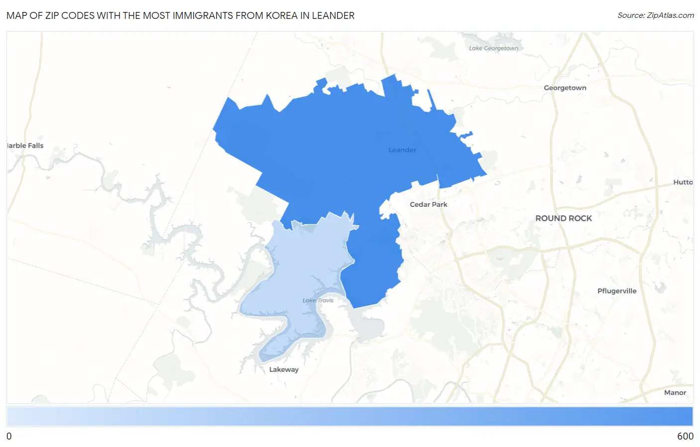 Zip Codes with the Most Immigrants from Korea in Leander Map
