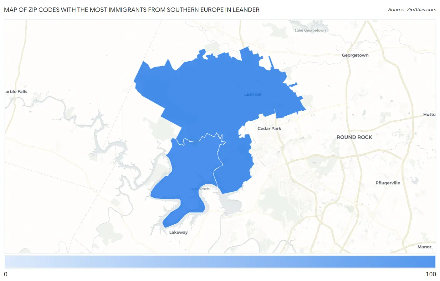 Zip Codes with the Most Immigrants from Southern Europe in Leander Map