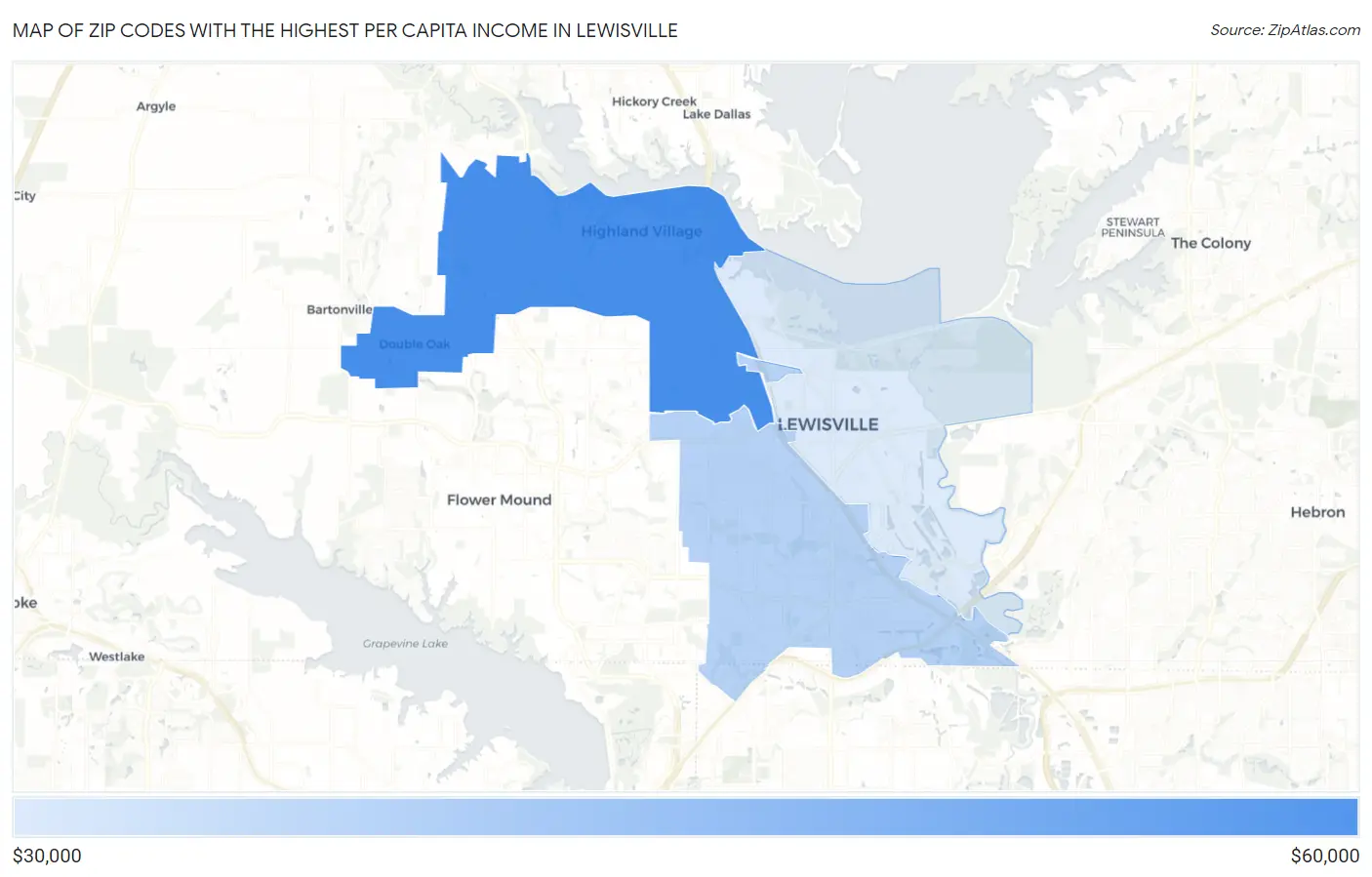 Zip Codes with the Highest Per Capita Income in Lewisville Map