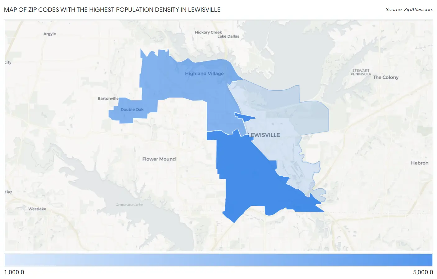 Zip Codes with the Highest Population Density in Lewisville Map