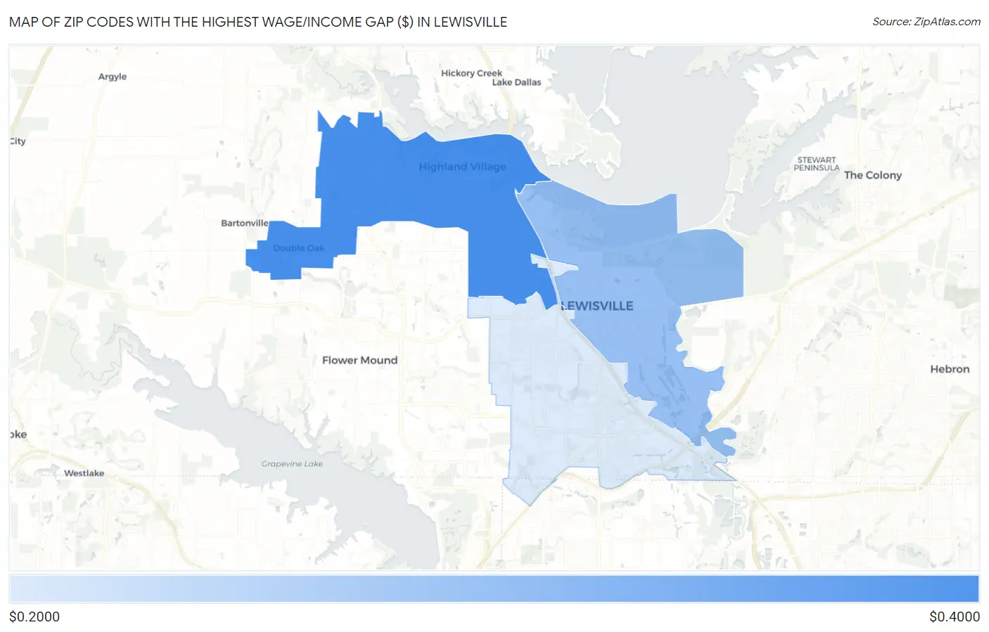 Zip Codes with the Highest Wage/Income Gap ($) in Lewisville Map