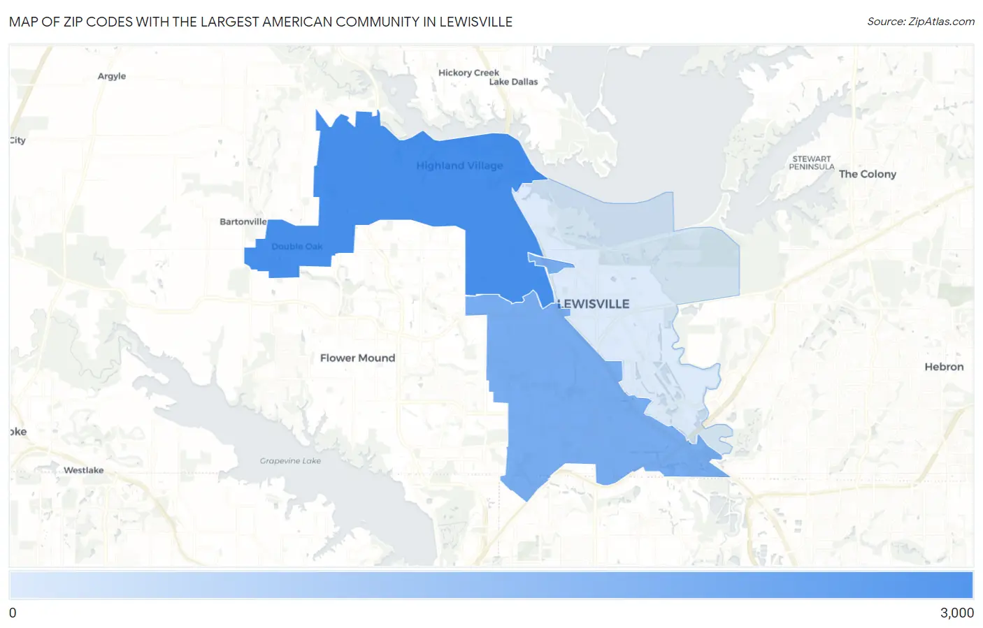 Zip Codes with the Largest American Community in Lewisville Map